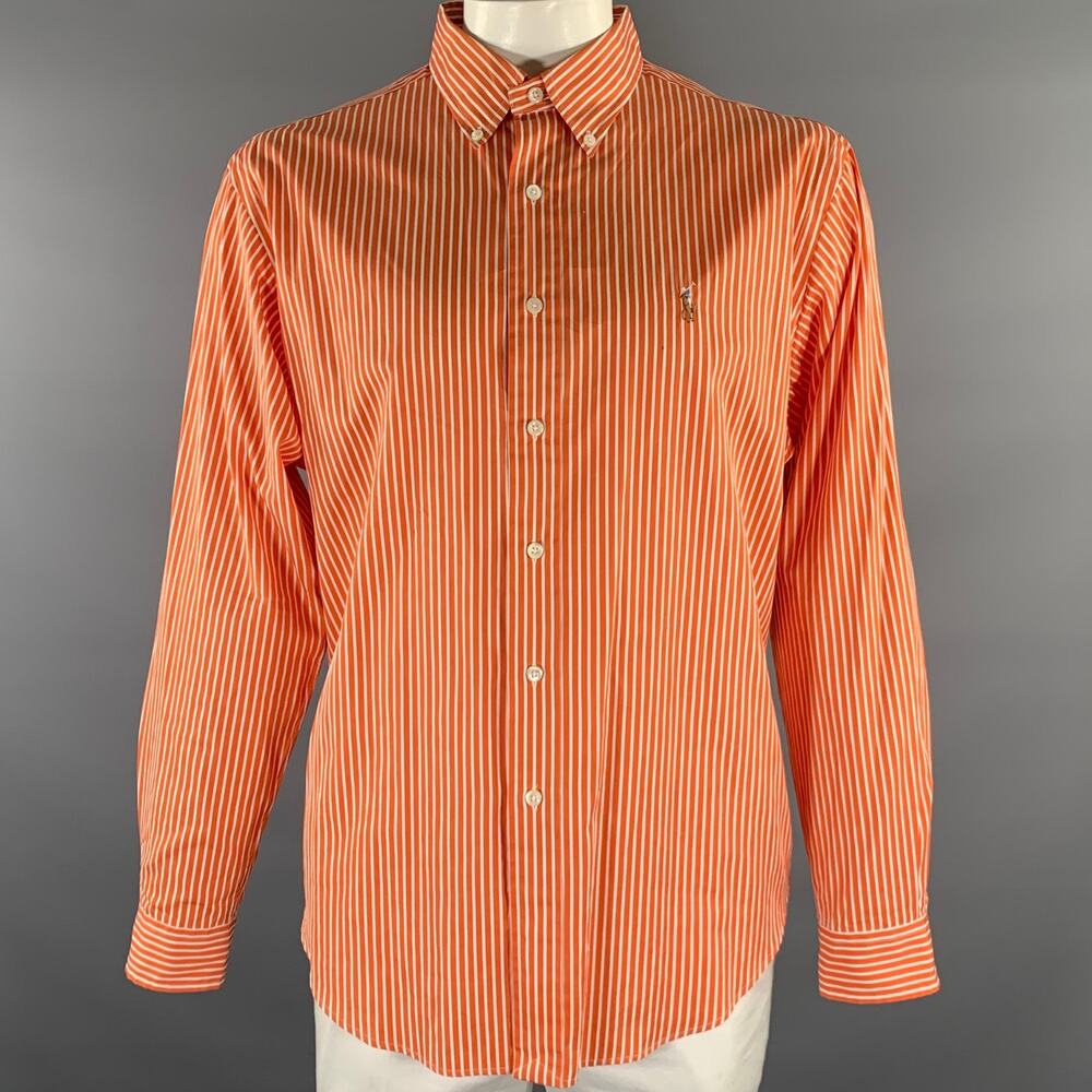 RALPH LAUREN Size XL Orange White Stripe Cotton Button Down Long Sleeve Shirt